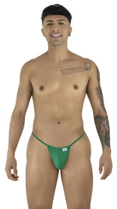 Green thong g-string with a small white brand tag on the front in nature green by candyman 9586
