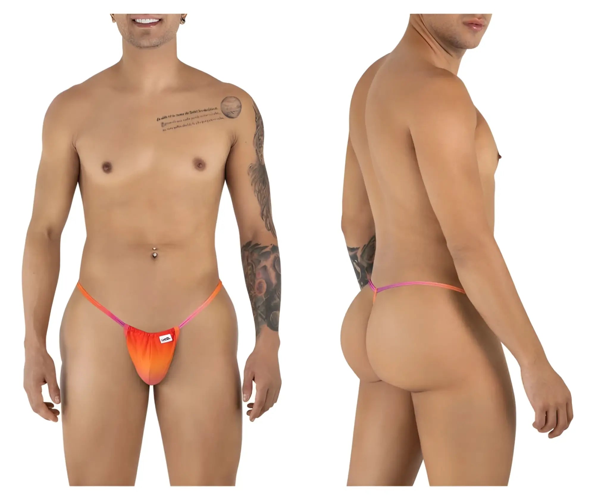 Vibrant orange and pink gradient thong g-string with small white logo front candyMan 9586 color orange print