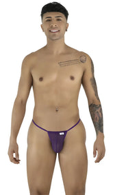 Purple CandyMan 9586 G-string thong mesh underwear with small white brand tag on waistband back view