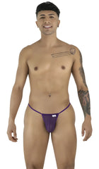 Purple CandyMan 9586 G-string thong mesh underwear with small white brand tag on waistband back view