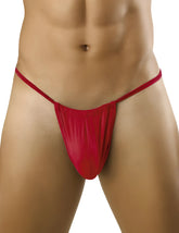 Red shiny satin thong with thin straps from candyman 9586 in red color showing front view