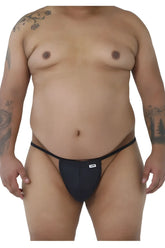 Black CandyMan 9586X thong with thin elastic waistband and small white brand tag front view