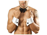White satin cufflinks with black button accents from candyman 9646 bowtie and cuffs only color only set