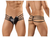 Black faux leather thong candyMan 99140 with a central zipper and three horizontal straps in black