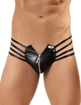 Black faux leather CandyMan 99140 thong with central zipper and three horizontal straps on the front side