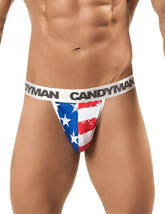 CandyMan 99154 patriotic thong with American flag print and white elastic waistband with black lettering