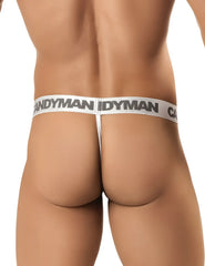 White candyman brand patriotic thong with gray logo waistband band and multicolored design shown from the back