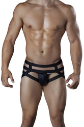 Black Candyman 99242 jockstrap briefs with a textured front panel and multiple horizontal straps for support