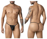 Black CandyMan 99246 G-string thong with black mesh fabric, thin elastic waistband, and white brand tag