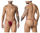 Maroon mesh g-string thong with small white brand tag on the front from candyman 99246 color burgundy