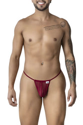 CandyMan 99246 g-string thong in burgundy sheer mesh with a small white brand tag on the front