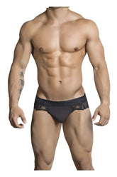 Black lace-trimmed CandyMan 99304 men’s briefs in black showcasing elegant design and comfortable fit