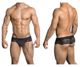 Black candyMan 99304 thong with lace-trimmed briefs and smooth fabric waistband shown from the back side