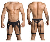 Black lace CandyMan 99310 thong with heart-shaped cutouts and adjustable straps in black color