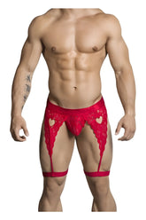 Red lace men’s garter belt with heart-shaped cutouts and matching straps in candy man 99310 thongs color red