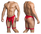 Red lace men’s thong lingerie with heart-shaped cutouts and suspenders from CandyMan 99310 in red