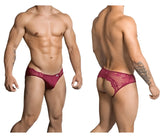 Maroon lace-trimmed CandyMan 99312 jockstrap briefs with a subtle brand tag on the waistband