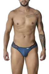 CandyMan 99312 lace jockstrap navy blue men’s briefs with lace trim and branded tag visible in front view