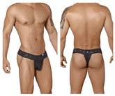 Black lace thong with intricate floral pattern and small brand tag on waistband candyMan 99315 peek a boo thongs black