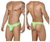 Bright neon green lace thong candyMan 99315 peek a boo thongs with intricate floral patterns front view