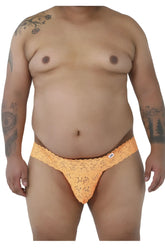 Orange lace thong with intricate floral pattern and small brand tag on waistband candyMan 99315X peek a boo lace thong