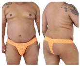 Orange lace thong with intricate floral pattern and small brand tag on waistband candyMan 99315X peek a boo lace thong