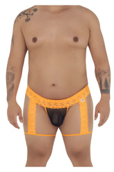 Vibrant orange CandyMan 99369X thongs feature lace-trimmed transparent briefs with a black inner panel