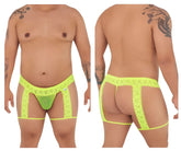 Bright neon green CandyMan 99369X thong with lace, sheer mesh panel, and matching leg straps in hot yellow color