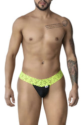 Black lace-trimmed CandyMan 99370 lace thong with vibrant neon green decorative band in hot green color