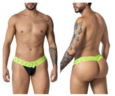 Vibrant neon green lace-trimmed black briefs candyMan 99370 lace thongs in hot green color