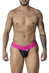 CandyMan 99370 lace thong briefs in black and hot pink fuchsia with lace trim and branded tag visible