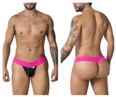 Vibrant hot pink lace-trimmed black thong with small brand tag on waistband candyMan 99370 lace thong