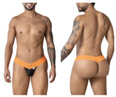 Orange lace-trimmed black thong from candyman 99370 lace thongs collection showing front view