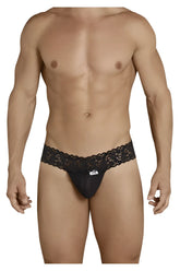 Black lace-trimmed CandyMan 99370 thong in black with subtle brand tag at the waistband front view