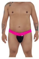 CandyMan 99370X thongs in hot pink feature bright pink lace-trimmed black briefs with a small white brand tag