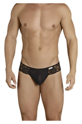 Black CandyMan 99392 thong with sheer mesh front, black lace trim, and embroidered floral waistband detail