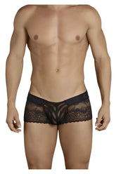 Black lace men’s briefs candyMan 99393 with intricate floral patterns and a solid waistband in black color