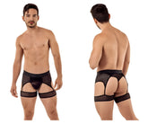 Black CandyMan 99403 striped mesh gaterbelt briefs with sheer fabric and supportive leg straps, front view