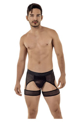Black mesh CandyMan 99403 stripes garterbelt thongs with sheer striped panels and adjustable leg straps front view