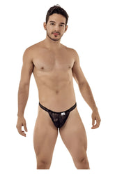 Black CandyMan 99420 double lace thong with subtle pattern and small white label on the front