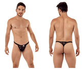 Black candyMan 99420 double lace thong with small white brand tag on front made of delicate lace material