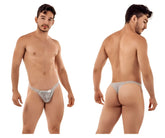 Silver lace thong with intricate pattern and small metallic logo in gray from candyman 99420 double lace thongs collection