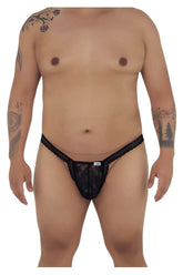 Black lace thong candy man 99420x featuring intricate pattern and white brand tag in black lace material