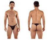 Black lace thong candyMan 99421 with delicate intricate pattern and thin elastic waistband in black color