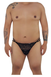 Black lace thong CandyMan 99421X with intricate floral patterns and thin side straps shown from the back side