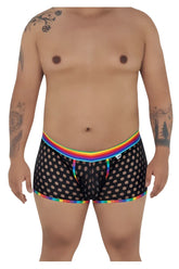 Black candyMan 99511X polka mesh trunks with rainbow elastic waistband and trim featuring subtle polka dot pattern