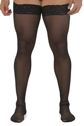 Black candyMan 99533 sheer mesh thigh highs with intricate lace trim at the top