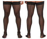 CandyMan 99533 black sheer mesh thigh highs with lace trim and central seam for elegant legwear