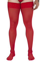 Red sheer mesh thigh high stockings with lace trim from candyman 99533 collection in red color