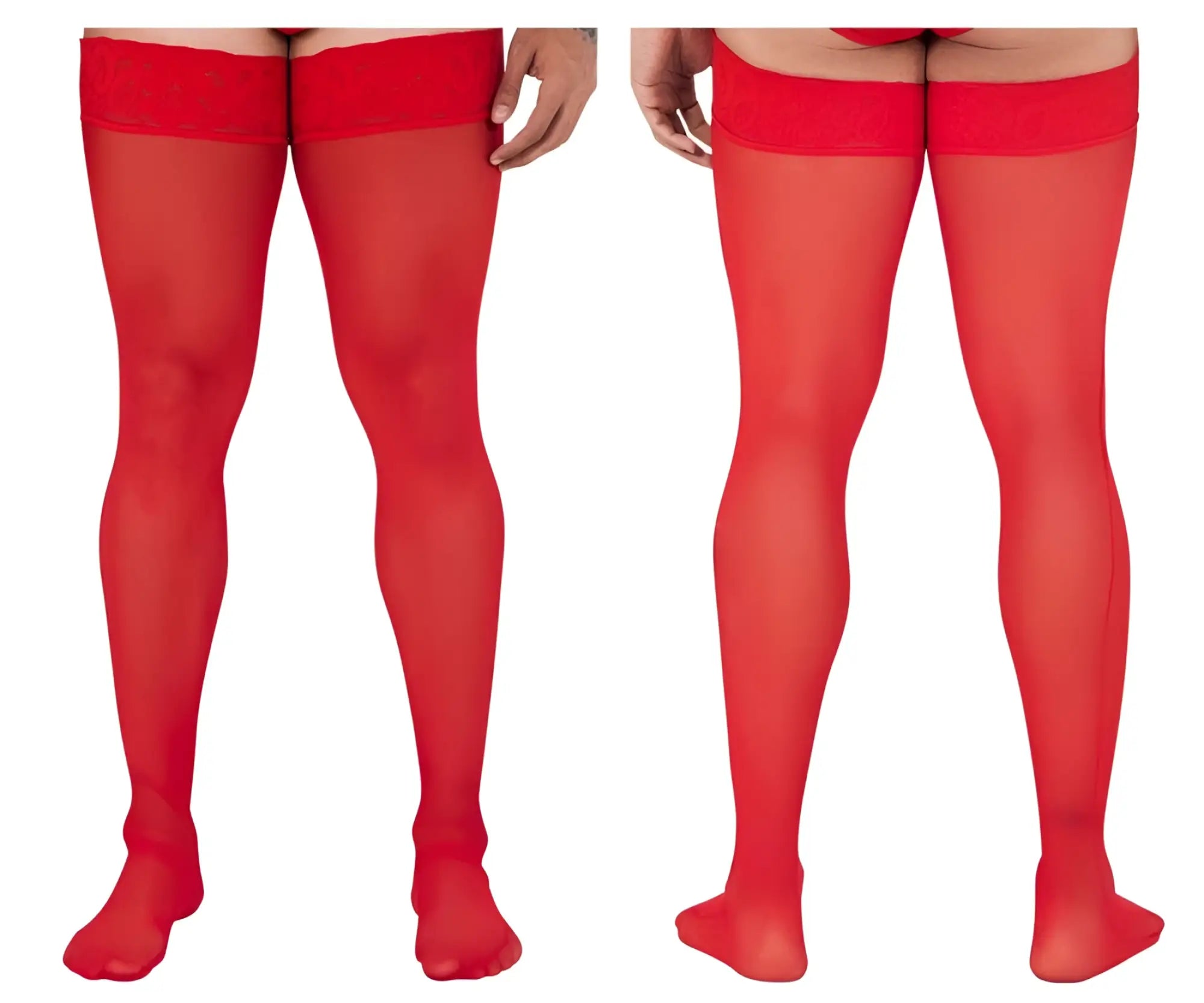 Red sheer CandyMan 99533 mesh thigh highs with a solid red elastic band at the top